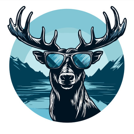 Deer with sunglasses in the mountains. Vector illustration in retro style.のイラスト素材
