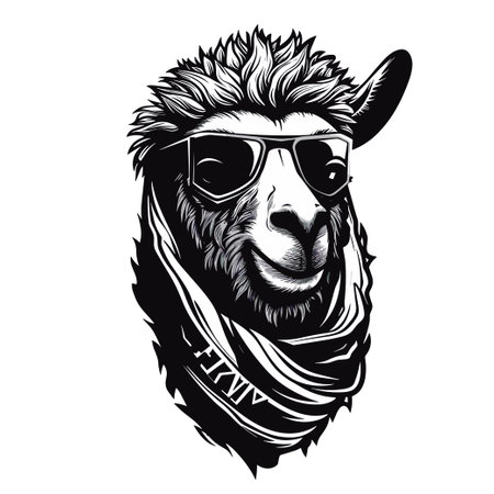 Llama head with sunglasses. Hand drawn llama vector illustration.のイラスト素材