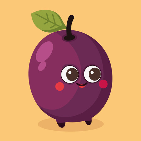 Cute cartoon plum fruit character. Vector illustration. Isolated on white background.のイラスト素材