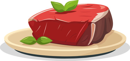 Illustration of a Beef Steak on a Plate with Basil Leavesのイラスト素材