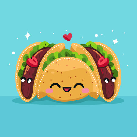 Kawaii funny tacos with hearts. Vector illustration in flat styleのイラスト素材