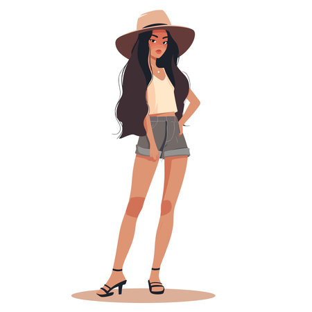 Beautiful young woman in a hat and shorts. Vector illustration.のイラスト素材