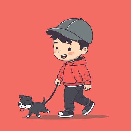 Cute little boy walking with his dog. Vector cartoon illustration.のイラスト素材