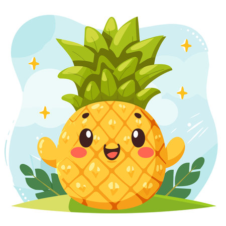 Cute cartoon pineapple character on the background of the sky. Vector illustration.のイラスト素材