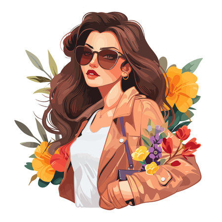 A woman with a floral bouquet is wearing sunglasses and a jacket. She is holding the bouquet in her handのイラスト素材