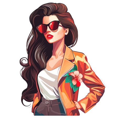 A woman with long hair and sunglasses is wearing a white shirt and orange jacket. She is holding a flower in her handのイラスト素材