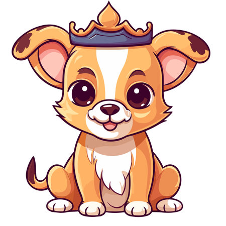 A cartoon dog with a crown on its head is sitting on a white background. The dog has a heart-shaped collar and is smilingのイラスト素材
