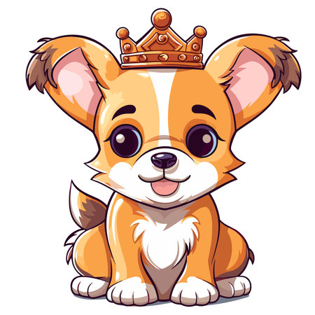 A cartoon dog with a crown on its head is sitting on a white background. The dog has a heart-shaped collar and is smilingのイラスト素材