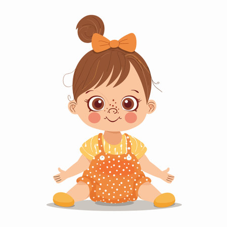 Cute little girl in apron sitting on the floor. Vector illustrationのイラスト素材