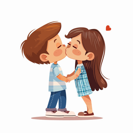 Little Boy and Girl Kissing Each Other Vector Illustration on White Background.のイラスト素材