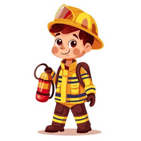 Cute little firefighter in uniform with fire extinguisher. Vector illustrationのイラスト素材