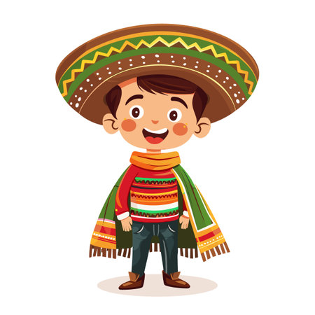 Cute little Mexican boy in sombrero costume vector Illustrationのイラスト素材