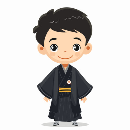Cute cartoon boy in kimono. Vector illustration isolated on white background.のイラスト素材