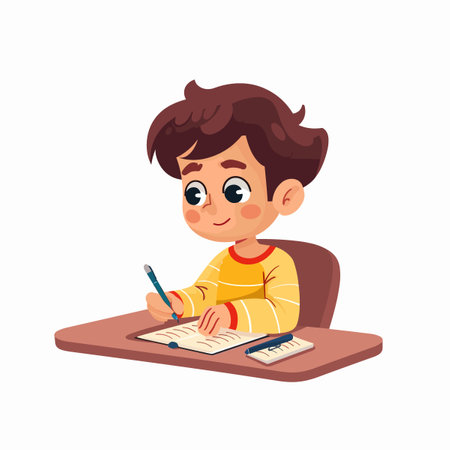 Cute little boy writing in notebook vector Illustration isolated on a white background.のイラスト素材