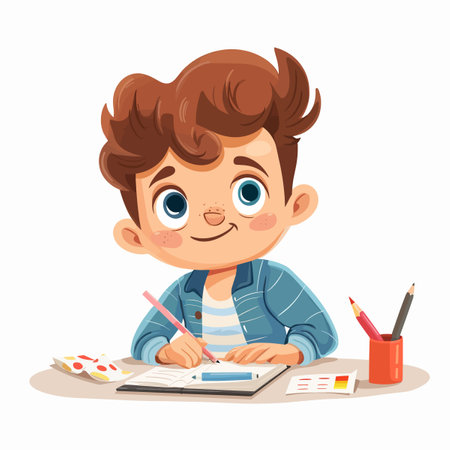 Cute little boy doing homework. Vector illustration in cartoon style.のイラスト素材