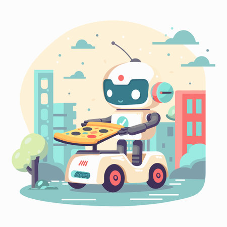 Robot with pizza in the city. Vector illustration in flat styleのイラスト素材
