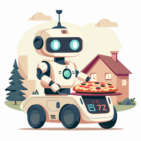 Robot with pizza on the roof of the house. Vector illustration.のイラスト素材