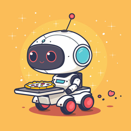 Cute robot with pizza. Vector illustration of a cartoon character.のイラスト素材