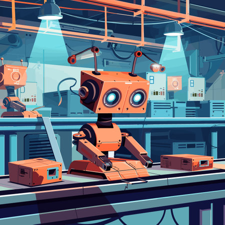 Industrial robot working on production line in factory. Vector illustration in cartoon styleのイラスト素材