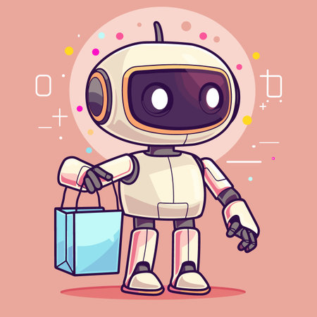 Cute robot with shopping bag. Vector illustration in cartoon style.のイラスト素材
