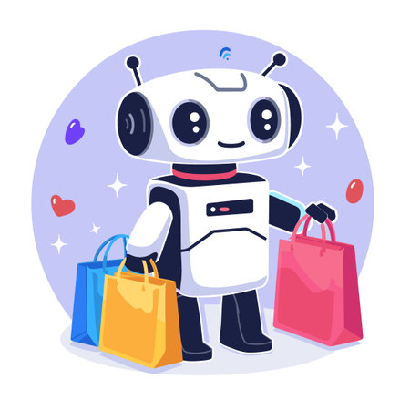 Robot holding shopping bags. Vector illustration in flat cartoon style.のイラスト素材