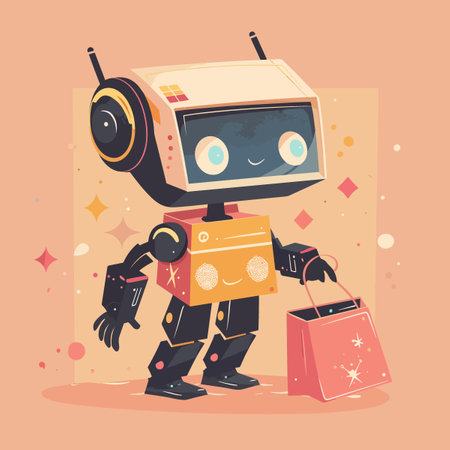 Robot with a shopping bag. Vector illustration in cartoon style.のイラスト素材