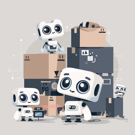 Robots with cardboard boxes. Vector illustration in flat cartoon style.のイラスト素材