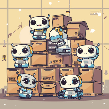 Cute robots with cardboard boxes in warehouse. Vector illustration of cartoon robots.のイラスト素材
