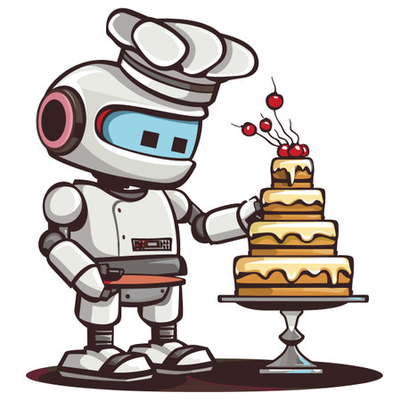 Illustration of a Robot Decorating a Cake with Cherriesのイラスト素材