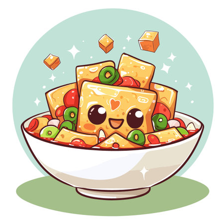 Cute kawaii tofu salad in bowl, vector illustration.のイラスト素材