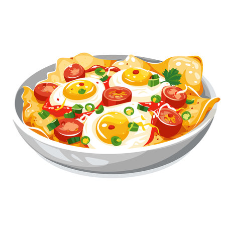 Nachos with fried eggs, tomato, onion and parsley. Vector illustrationのイラスト素材
