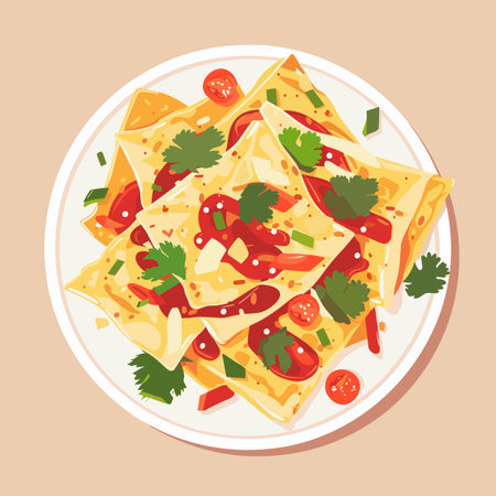 Pancakes with tomato, cheese and herbs. Vector illustration.のイラスト素材