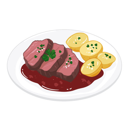 Beef steaks with potatoes on a plate. Vector illustration.のイラスト素材