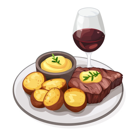 Illustration of a Steak with Potatoes and a Glass of Red Wineのイラスト素材