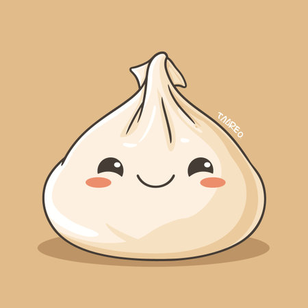 Vector illustration of a cute smiling dumpling on brown background.のイラスト素材