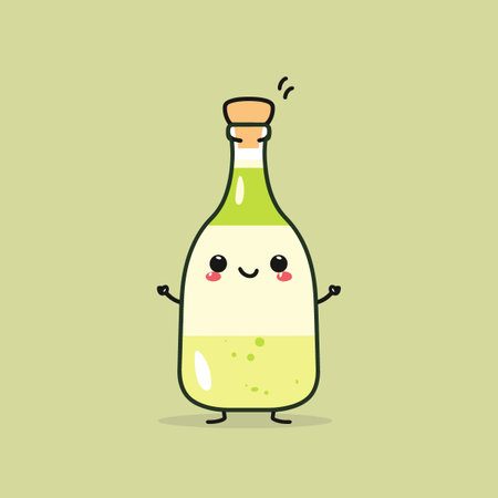 Cute cartoon bottle of wine on green background. Vector illustration.のイラスト素材