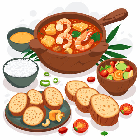 Seafood soup with shrimps, prawns, prawns, mussels, squid, shrimp, vegetables, rice in bowl. Vector illustrationのイラスト素材