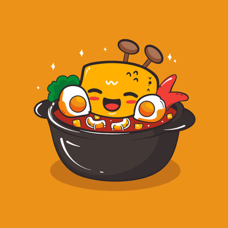Cute kawaii fried chicken in a pot. Vector illustration.のイラスト素材
