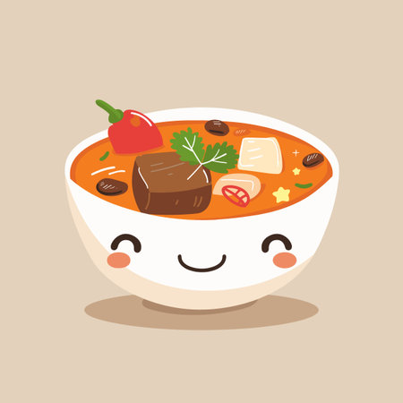 Cute cartoon soup with meat and vegetables in bowl. Vector illustration.のイラスト素材