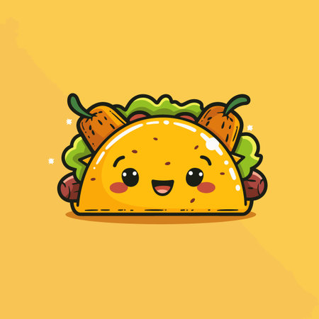 Vector cartoon character cute taco with smiling face. Isolated on yellow background. Mexican food concept illustration.のイラスト素材