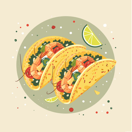 Taco with shrimp and lime. Vector illustration in flat style.のイラスト素材