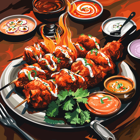 Shish kebab on skewers with sauce. Vector illustrationのイラスト素材
