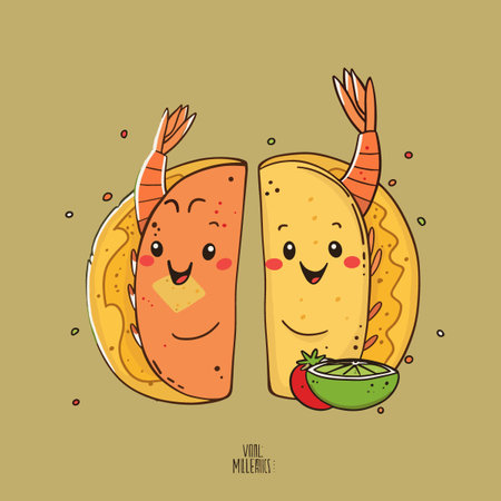 Vector illustration of Mexican tacos with cheese and sauce. Hand drawn style.のイラスト素材