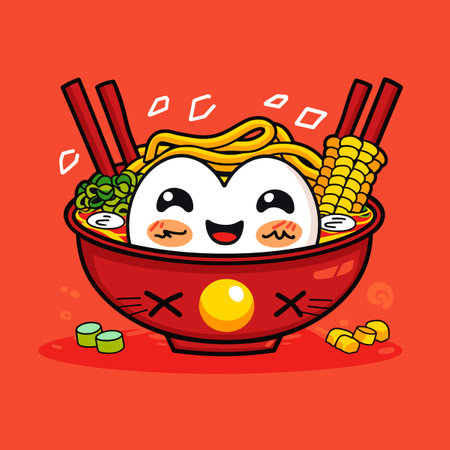 Kawaii chinese ramen noodle in bowl vector illustration.のイラスト素材