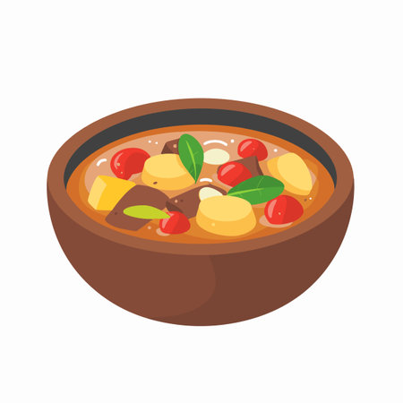 Curry with meat and vegetables in a wooden bowl. Cartoon vector illustration.のイラスト素材