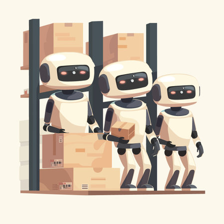 Robots with boxes in warehouse. Vector illustration in cartoon style.のイラスト素材