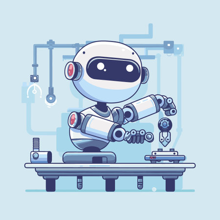 Robot working on the conveyor. Cute cartoon vector illustration.のイラスト素材