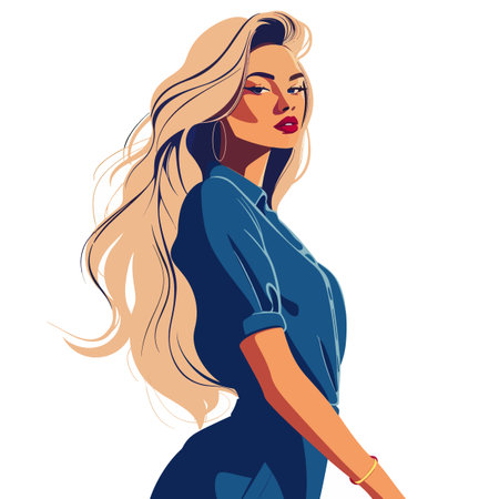 Beautiful girl with long hair in a blue jacket. Vector illustrationのイラスト素材