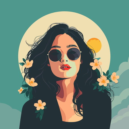 Beautiful woman in sunglasses with flowers. Vector illustration in flat styleのイラスト素材