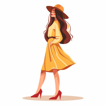 Fashionable girl in a yellow dress and hat. Vector illustrationのイラスト素材